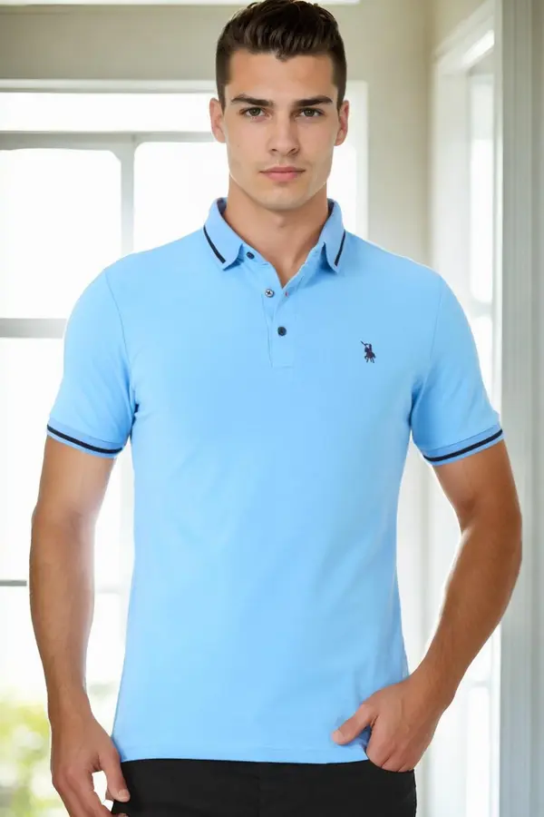 dewberry T9586 DEWBERRY MEN'S POLO NECK T-SHIRT-LIGHT BLUE