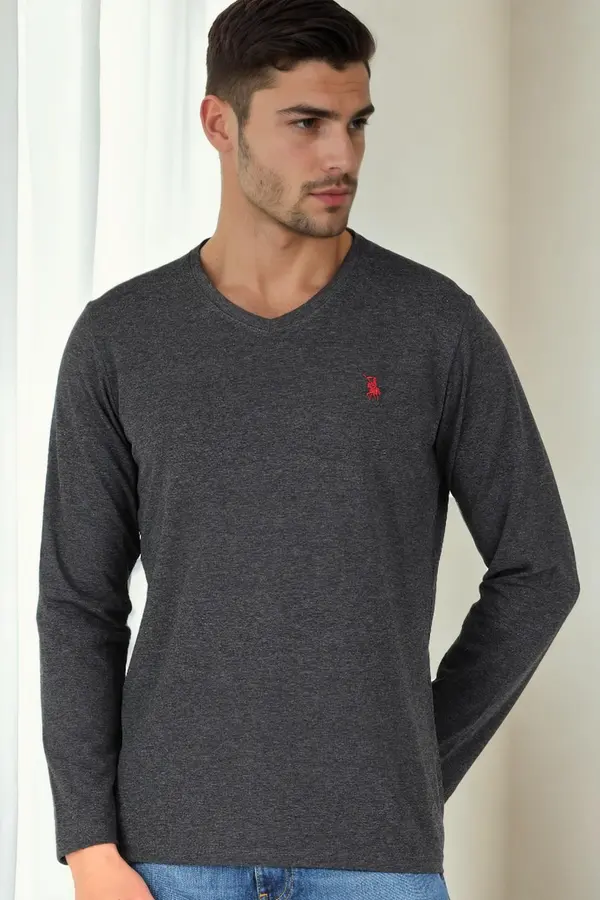 dewberry T9587 DEWBERRY V-NECK MEN'S LONG SLEEVE T-SHIRT-ANTHRACITE