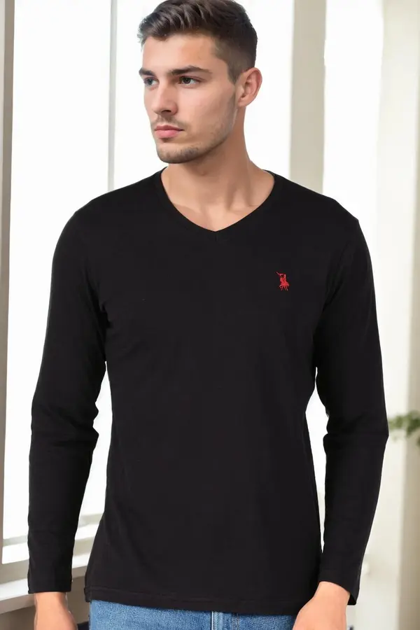 dewberry T9587 DEWBERRY V-NECK MEN'S LONG SLEEVE T-SHIRT-BLACK