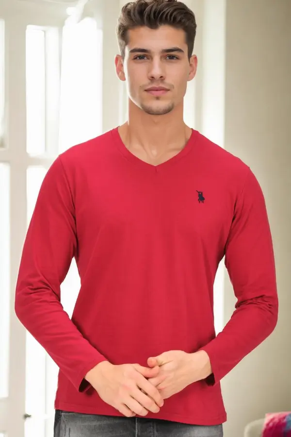 dewberry T9587 DEWBERRY V-NECK MEN'S LONG SLEEVE T-SHIRT-BURGUNDY