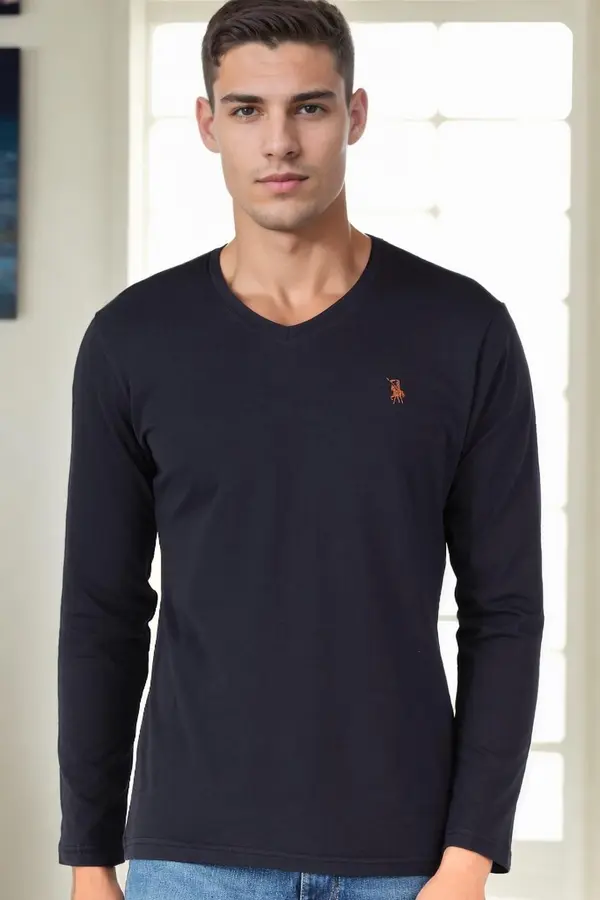 dewberry T9587 DEWBERRY V-NECK MEN'S LONG SLEEVE T-SHIRT-NAVY BLUE