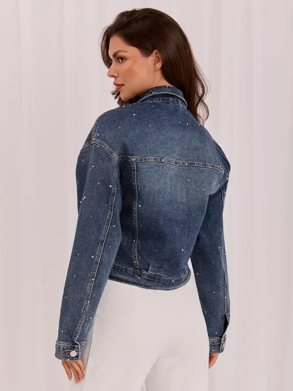 Italy Moda Temno modra jeans jakna z jeans okraski