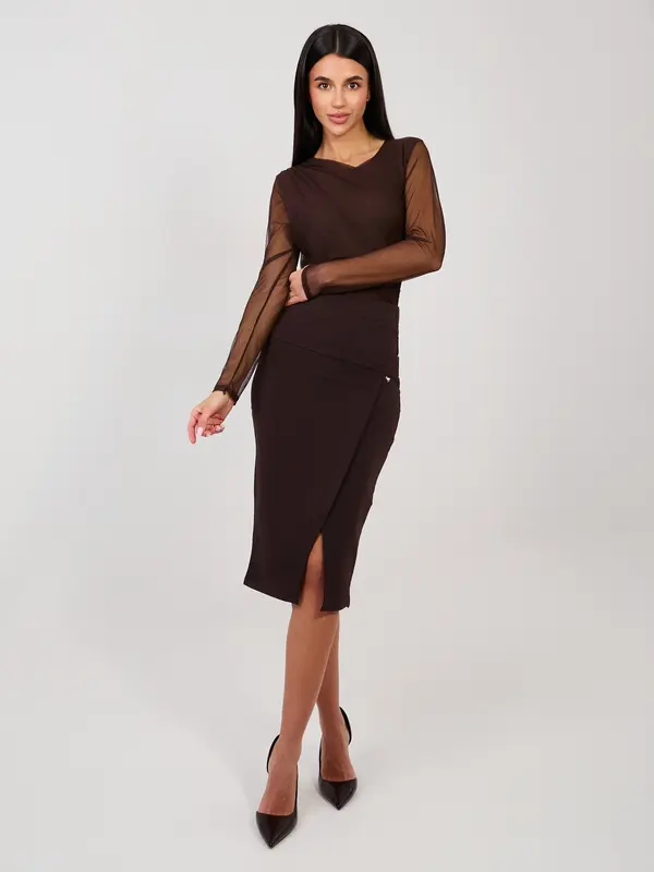 BASIC Feel Good Temno rjava midi obleka s prosojnimi rokavi