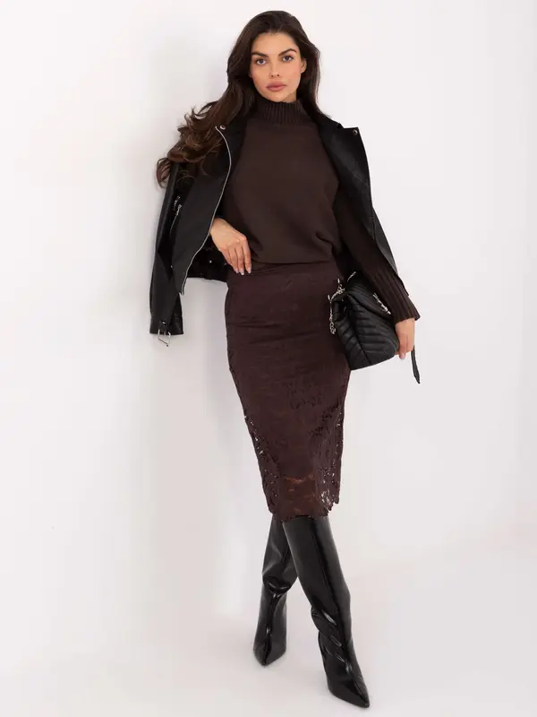 RUE PARIS Temno rjavo midi krilo s čipko