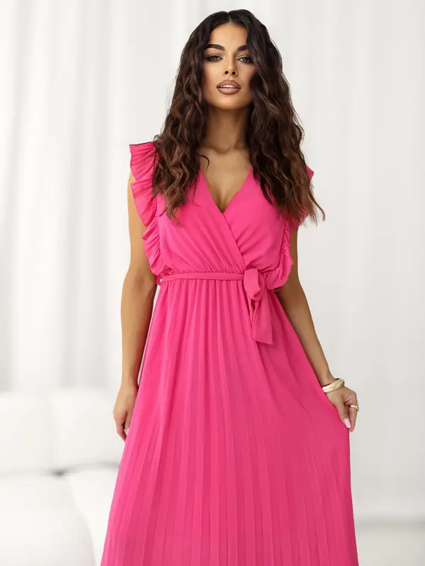 RUE PARIS Temno roza poletna obleka z zavezanim pasom