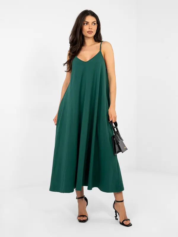 RUE PARIS Temno zelena maksi obleka z naramnicami