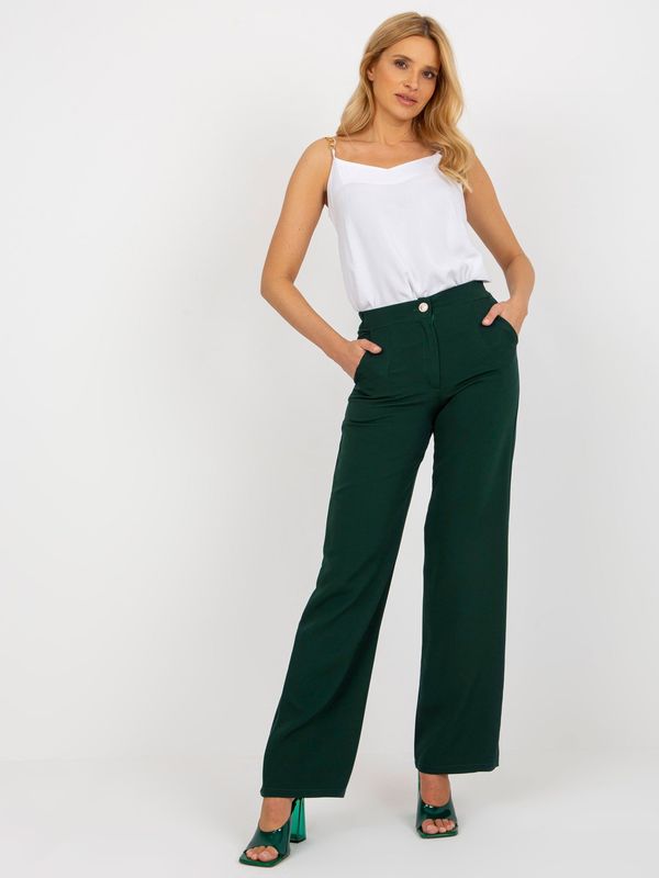 Fashionhunters Temno zelene široke tkanine hlače z žepi