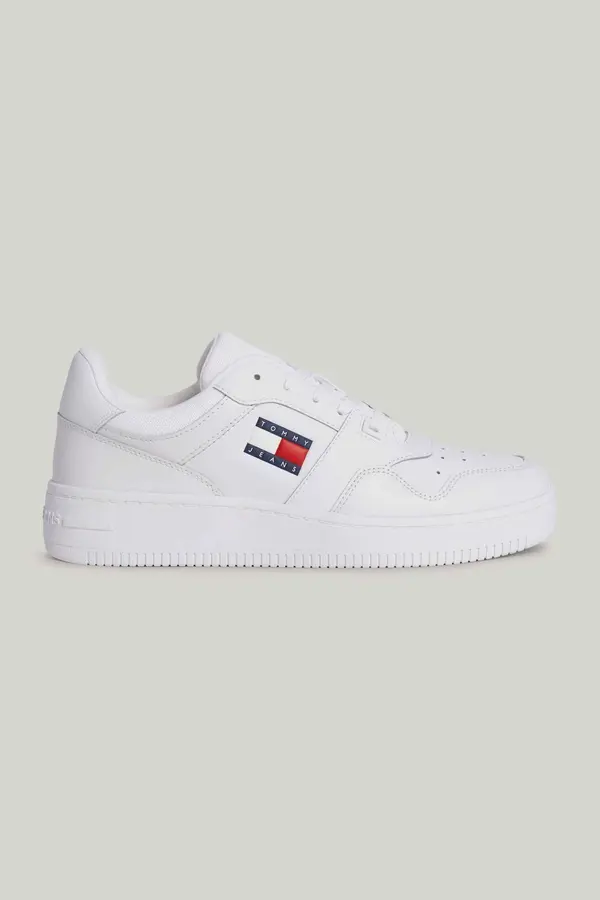 Tommy Hilfiger Tommy Hilfiger Men's Brand Logo Leather Top Rubber Outsole White Sneakers Suitable for Casual Use