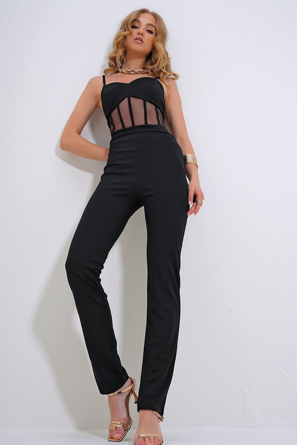 Trend Alaçatı Stili Trend Alaçatı Stili Woman's Black Strap Fishnet Detailed Zippered Back Jumpsuit