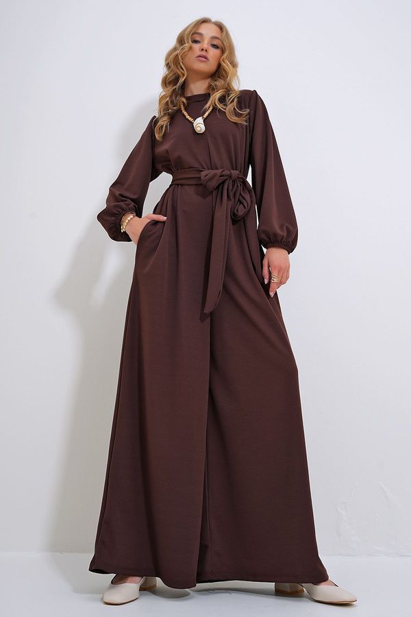 Trend Alaçatı Stili Trend Alaçatı Stili Women&#39;s Brown High Collar Back Zipper Princess Sleeve Waist Belted Jumpsuit