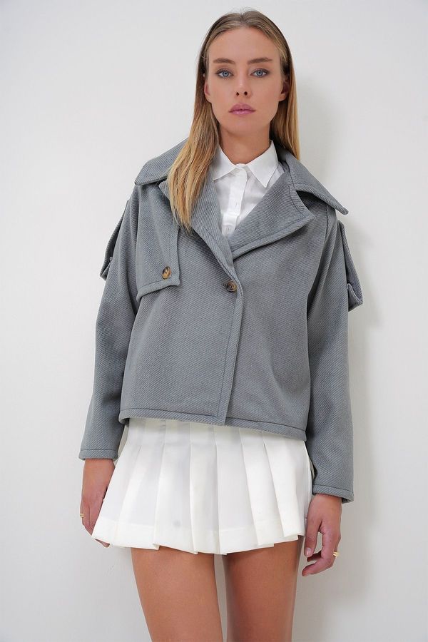 Trend Alaçatı Stili Trend Alaçatı Stili Women's Anthracite Double Breasted Button Detailed Unlined Jacket