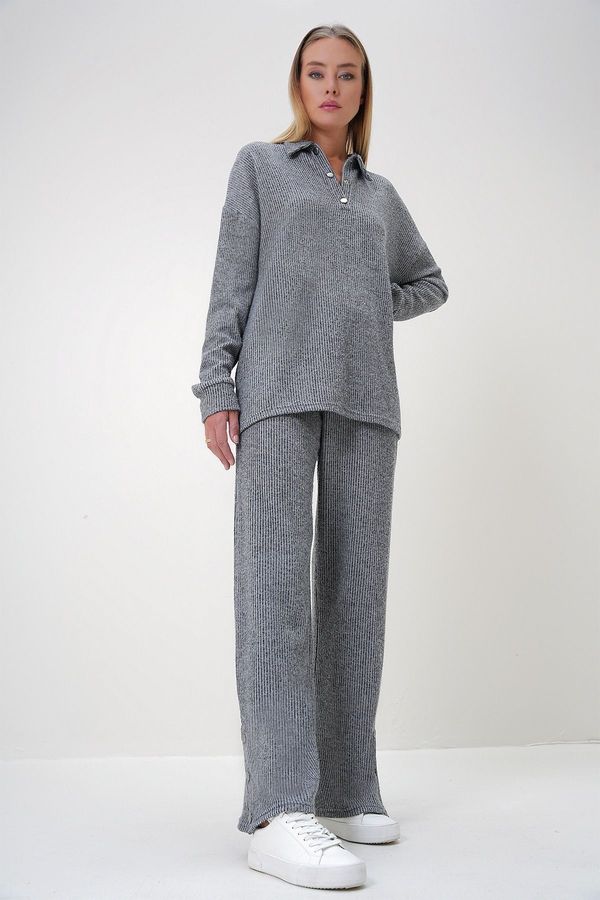 Trend Alaçatı Stili Trend Alaçatı Stili Women's Anthracite Polo Collar Snap Detail Soft Textured Flowy Bottom Top Set