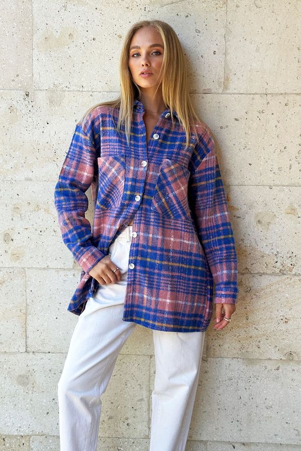 Trend Alaçatı Stili Trend Alaçatı Stili Women's Aviator Blue Plaid Patterned Cashmere Cotton Oversize Safari Jacket Shirt