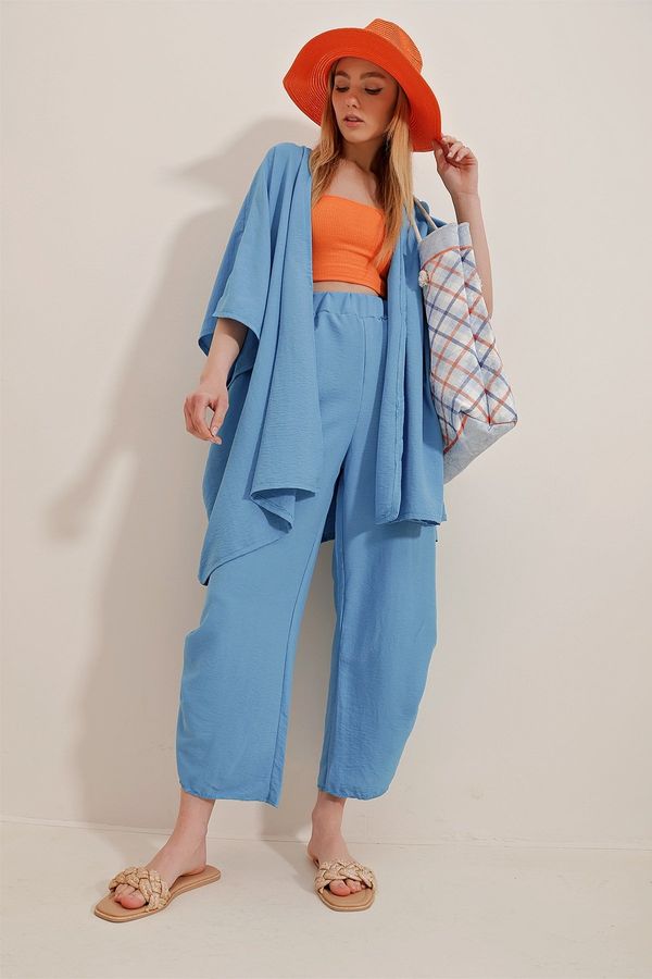 Trend Alaçatı Stili Trend Alaçatı Stili Women's Aviator Blue Slit Leg Self Textured Trousers And Jacket Double Suit