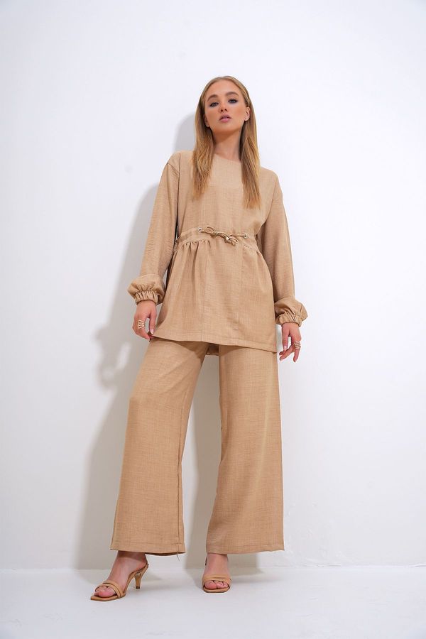 Trend Alaçatı Stili Trend Alaçatı Stili Women's Beige Crew Neck Self-Belt Palazzo Trousers Tunic Suit