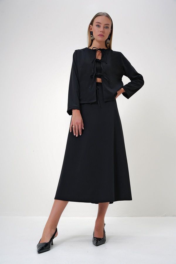 Trend Alaçatı Stili Trend Alaçatı Stili Women's Black Crew Neck Front Tie Detail Crepe Knit Jacket and Maxi Skirt Set