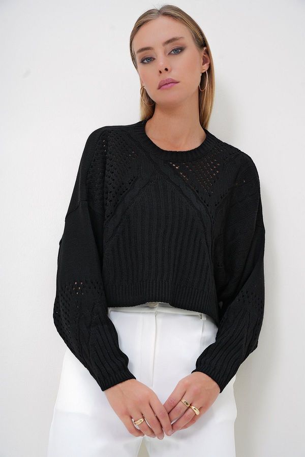 Trend Alaçatı Stili Trend Alaçatı Stili Women's Black Crew Neck Hair Knitting Patterned Hole Openwork Crop Sweater