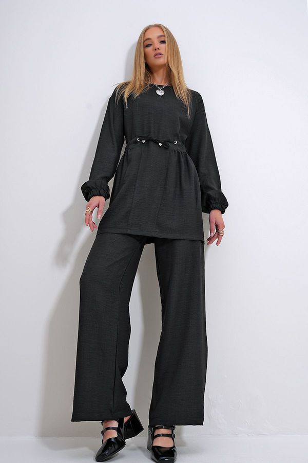Trend Alaçatı Stili Trend Alaçatı Stili Women's Black Crew Neck Self-Belt Palazzo Trousers Tunic Suit