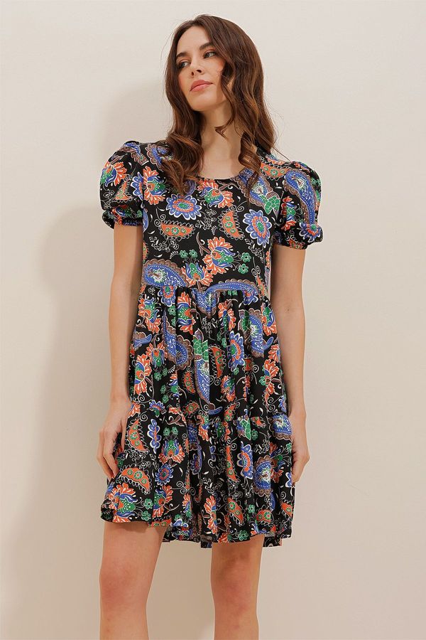 Trend Alaçatı Stili Trend Alaçatı Stili Women's Black Crew Neck Shawl Patterned Gathered Waist Woven Viscose Mini Dress