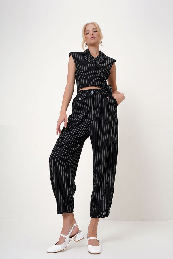 Trend Alaçatı Stili Trend Alaçatı Stili Women's Black Double Breasted Side Tie Jacket and Striped Trouser Suit
