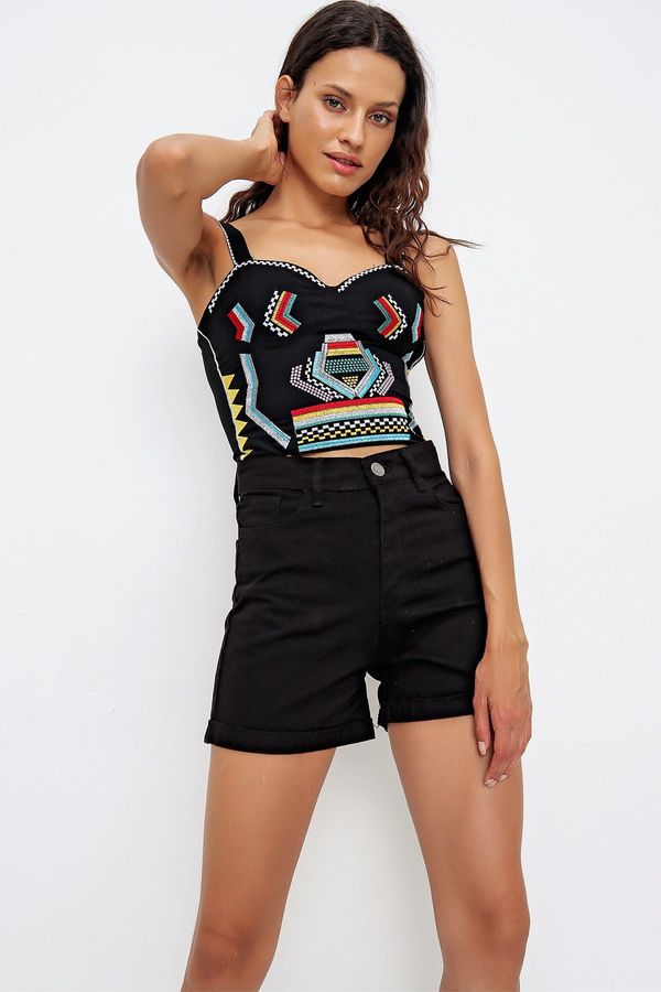 Trend Alaçatı Stili Trend Alaçatı Stili Women's Black Double Leg High Waist Denim Shorts