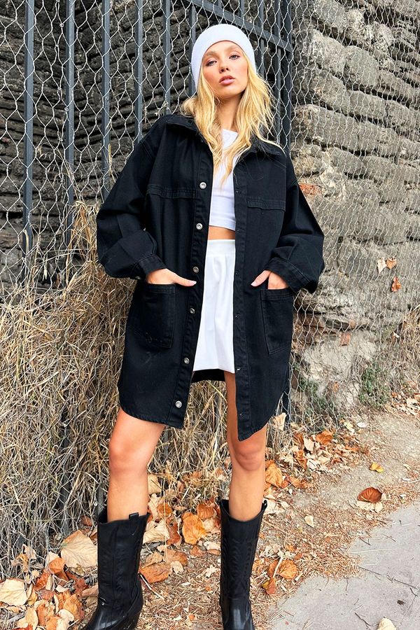 Trend Alaçatı Stili Trend Alaçatı Stili Women's Black Double Pocket Oversize Long Denim Jacket