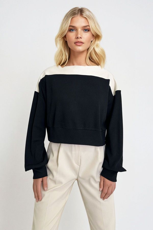 Trend Alaçatı Stili Trend Alaçatı Stili Women's Black Ecru Boat Neck Color Block Sleeves and Elastic Waist Crop Blouse