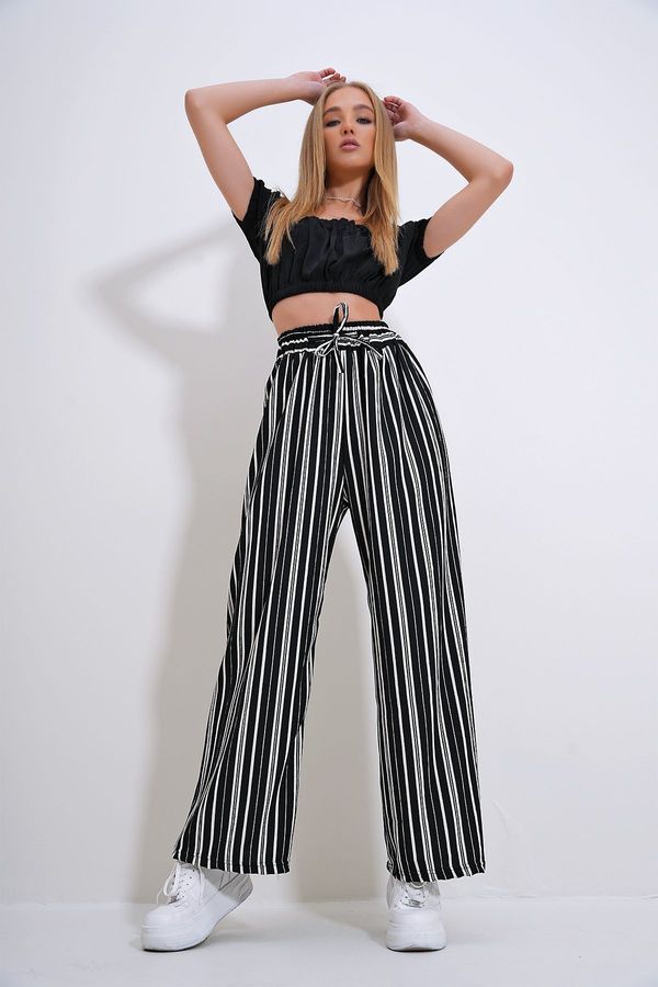 Trend Alaçatı Stili Trend Alaçatı Stili Women's Black Elastic Waist Patterned Palazzo Trousers