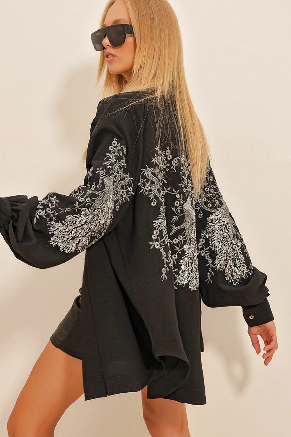 Trend Alaçatı Stili Trend Alaçatı Stili Women's Black Embroidered Kimono Jacket