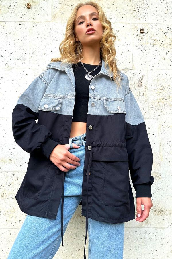Trend Alaçatı Stili Trend Alaçatı Stili Women's Black Four Pocket Parachute Garnish Oversize Jean Jacket