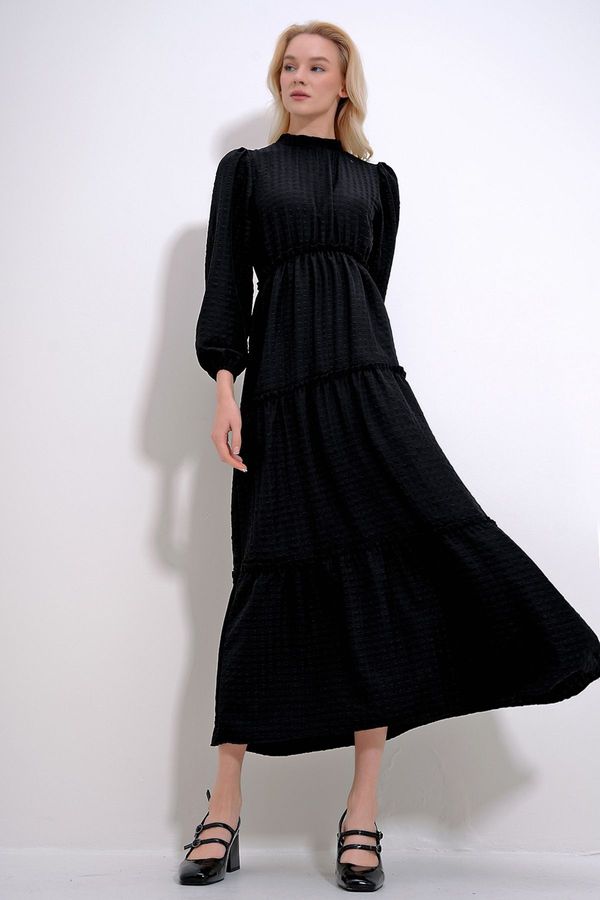 Trend Alaçatı Stili Trend Alaçatı Stili Women's Black High Collar Ruffle Detailed Balloon Sleeve Self-Textured Dress