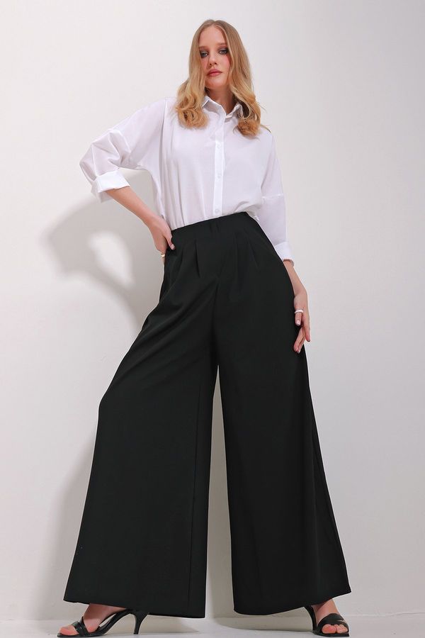 Trend Alaçatı Stili Trend Alaçatı Stili Women's Black High Waist Darted Wide Leg Front Zipper Trousers