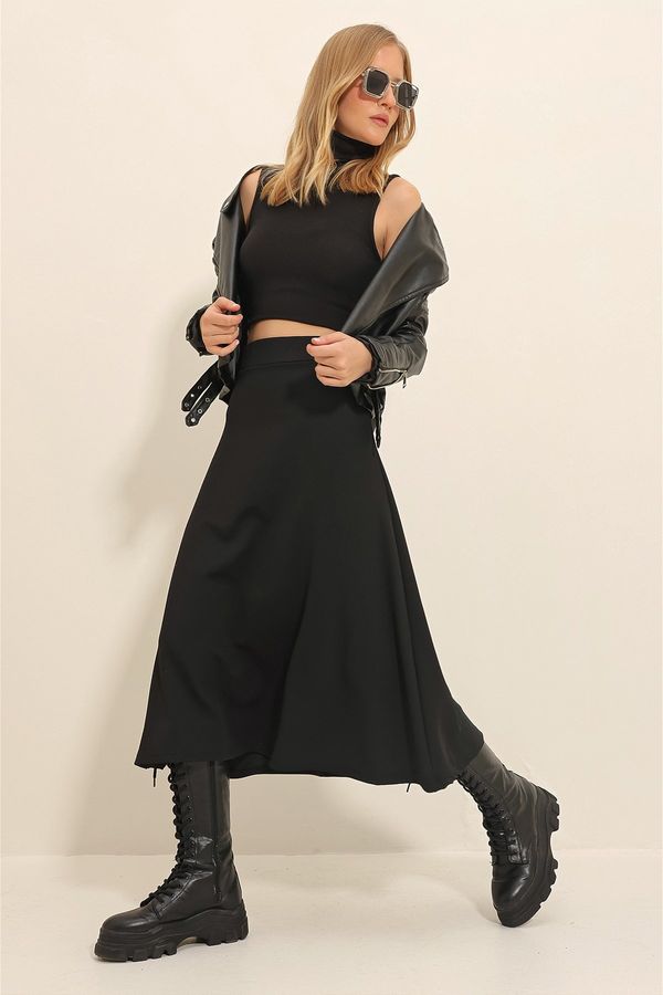Trend Alaçatı Stili Trend Alaçatı Stili Women's Black High Waist Elastic Waist A Form Midi Length Skirt
