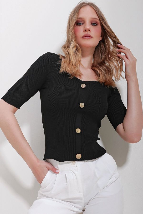 Trend Alaçatı Stili Trend Alaçatı Stili Women's Black Kiss Collar Button Detailed Knitwear Blouse