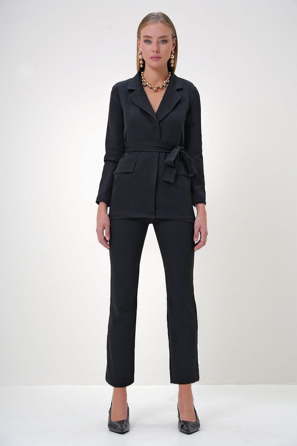 Trend Alaçatı Stili Trend Alaçatı Stili Women's Black Lined Blazer Jacket and Trousers Top and Bottom Set