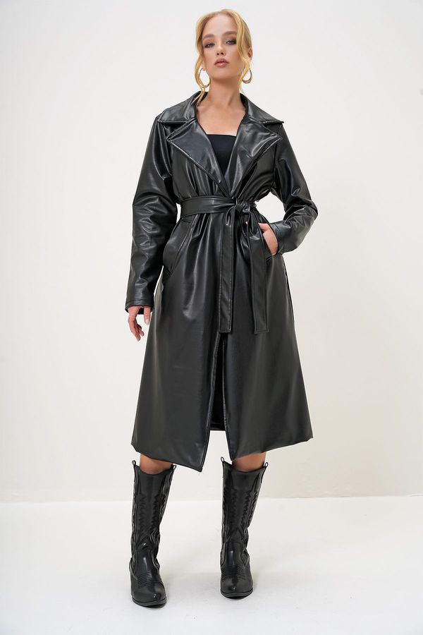 Trend Alaçatı Stili Trend Alaçatı Stili Women's Black Lined Faux Leather Trench Coat with Waist Belt