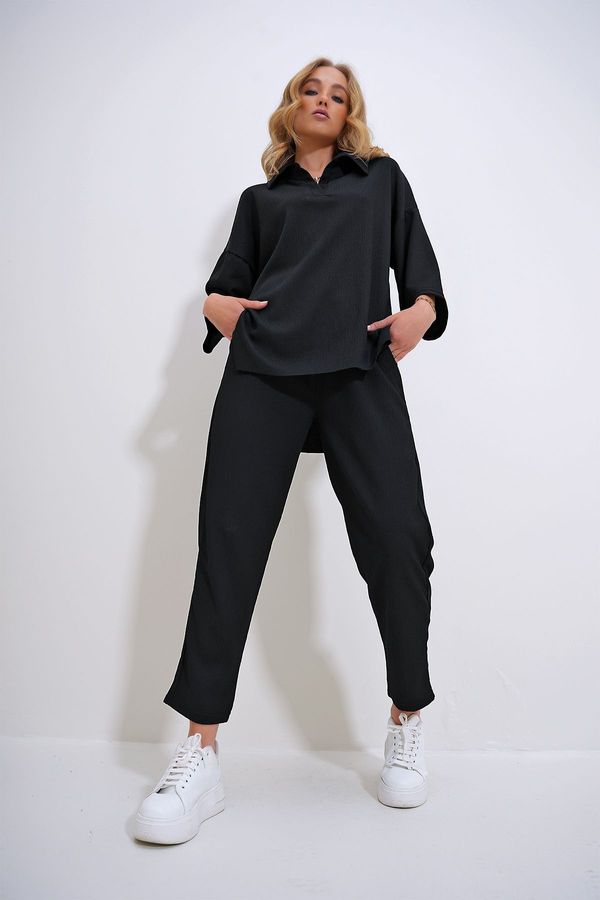 Trend Alaçatı Stili Trend Alaçatı Stili Women's Black Oversize Shirt Collar Blouse and High Waist Trousers Set