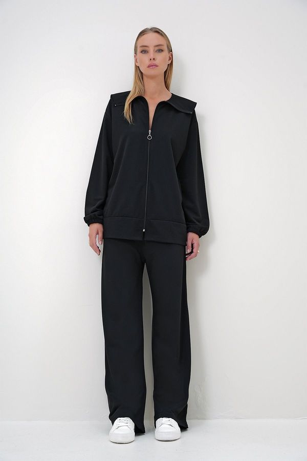 Trend Alaçatı Stili Trend Alaçatı Stili Women's Black Polo Collar Zippered Jacket and Trousers Set