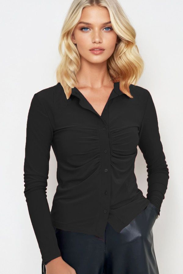 Trend Alaçatı Stili Trend Alaçatı Stili Women's Black Sandy Fabric Shirt with Front Gathered