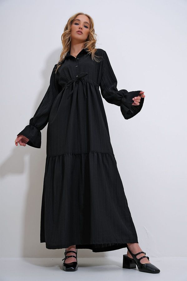 Trend Alaçatı Stili Trend Alaçatı Stili Women's Black Shirt Buttoned Front Collar and Bellows Skirt Flounce Woven Hijab Dress