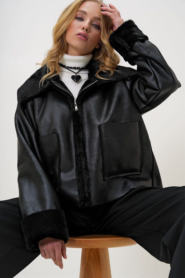 Trend Alaçatı Stili Trend Alaçatı Stili Women's Black Shirt Collar Front Zippered Faux Leather Biker Winter Jacket with Plush Pouch Pocket