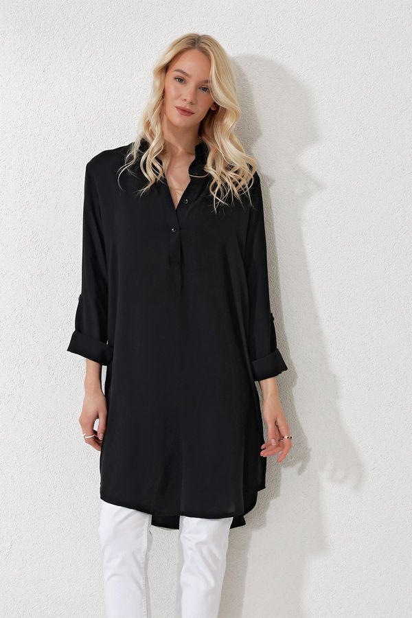 Trend Alaçatı Stili Trend Alaçatı Stili Women's Black Shirt Collar Half Pop Long Woven Tunic
