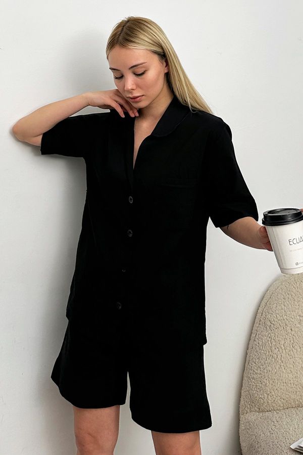 Trend Alaçatı Stili Trend Alaçatı Stili Women's Black Single Pocket Shorts Woven Pajamas Suit