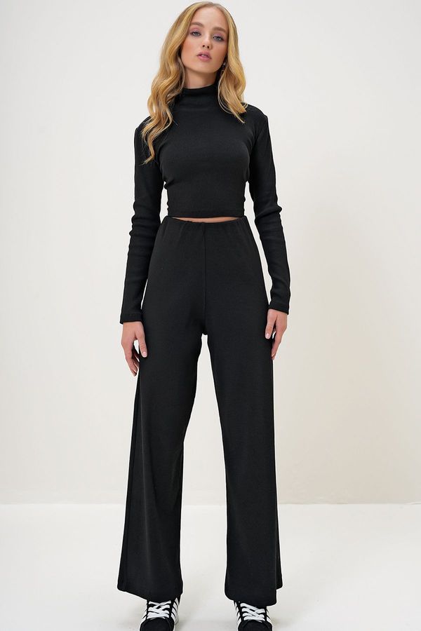 Trend Alaçatı Stili Trend Alaçatı Stili Women's Black Stand Collar Camisole Crop Blouse and Trouser Set