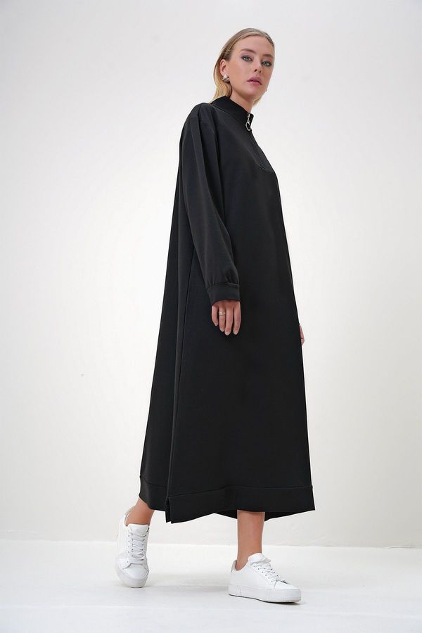 Trend Alaçatı Stili Trend Alaçatı Stili Women's Black Stand Collar Front Zippered Skirt Banded Two Yarn Maxi Length Dress