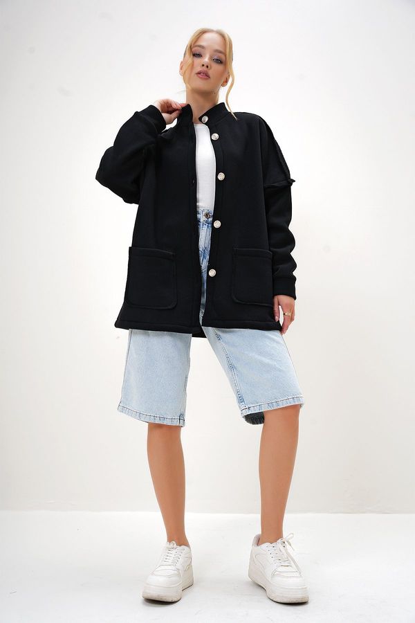 Trend Alaçatı Stili Trend Alaçatı Stili Women's Black Stand Collar Gold Button Detailed Pocket Knitted Jacket with Raised Interior