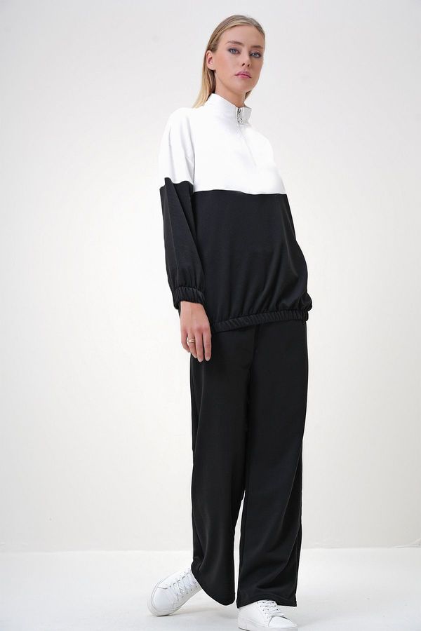 Trend Alaçatı Stili Trend Alaçatı Stili Women's Black Stand Collar Zippered Color Block Two Thread Top-Bottom Set