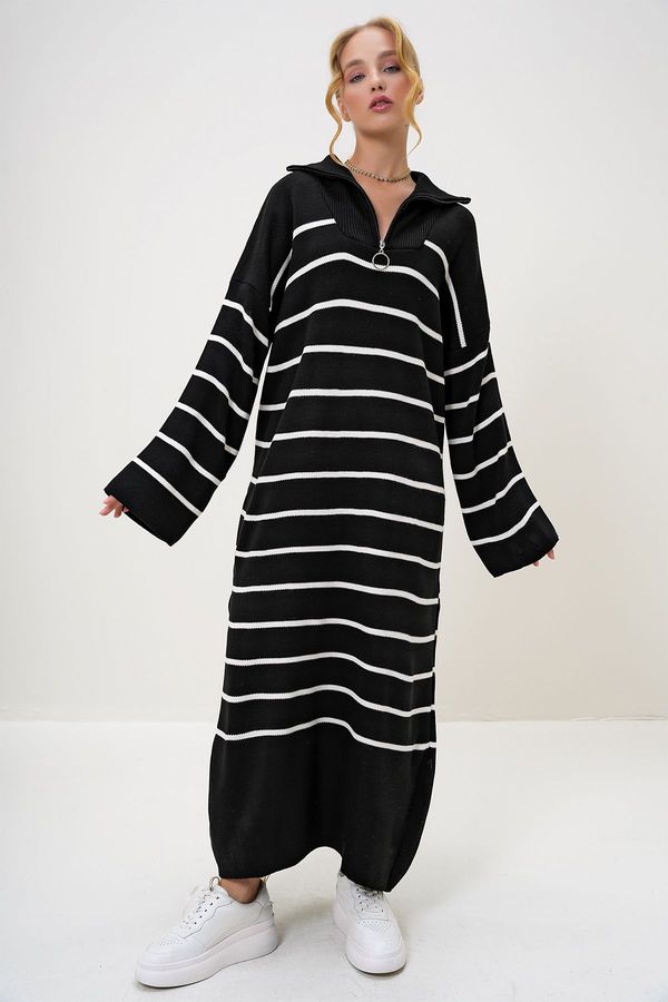 Trend Alaçatı Stili Trend Alaçatı Stili Women's Black Turtleneck Half Zipper Oversize Maxi Dress