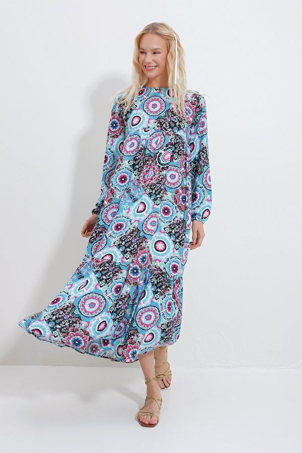 Trend Alaçatı Stili Trend Alaçatı Stili Women's Blue Crew Neck Layered Valon Woven Dress