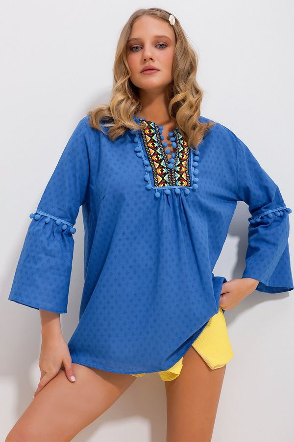 Trend Alaçatı Stili Trend Alaçatı Stili Women's Blue Ethnic Pattern 100% Cotton Blouse